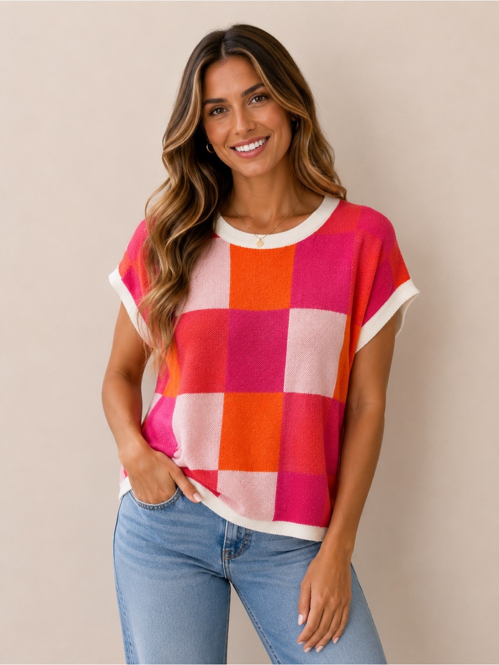 Checkerboard Knit Short-Sleeve Top in Pink & Orange